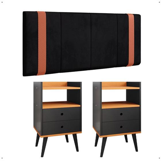 Imagem de Kit Quarto 2 Mesas Cabeceira Retrô Preto/Cinamomo Gavetas Nicho Painel Suspenso Cama Box Casal 1,40 Suede - Lojas RPM