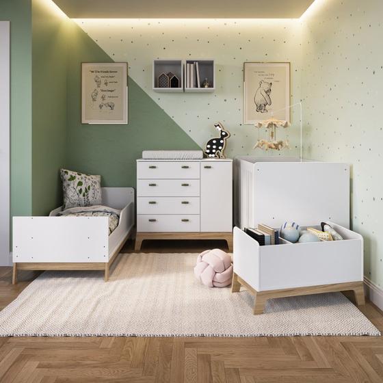 Imagem de Kit Quarto Bebês Gêmeos 2 Berços Para Bebê 3 em 1 Cômoda 1 Porta Caixa de Brinquedos 2 Nichos Branco