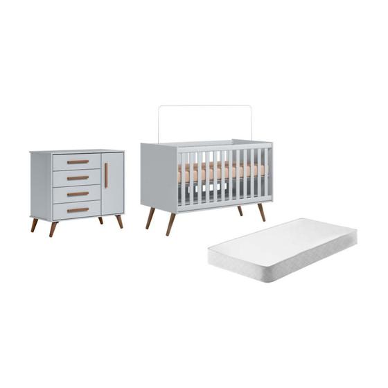 Kit Quarto de Bebe Retro Berço e Sapateira Marbella Cinza com Colchao Menor preço em Kit Quarto de Bebe Retro Berço e Sapateira Marbella Cinza com Colchao