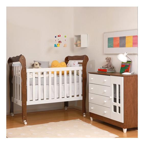 Imagem de Kit Quarto Infantil Ariel Branco com Amadeirado - Cômoda + Berço Mini Cama