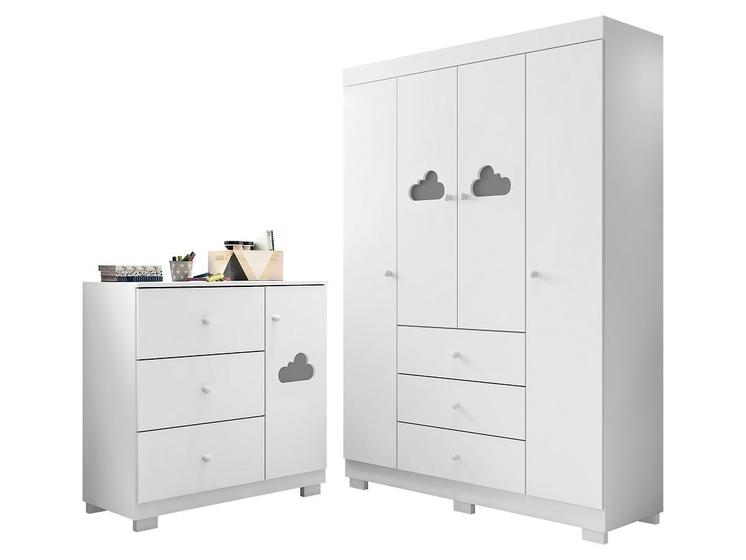 Imagem de Kit Quarto Infantil Bebê Ane Detalhe Nuvem Cômoda 3 Gavetas E Guarda Roupa 4 Portas 3 Gavetas Branco - Phoenix Baby