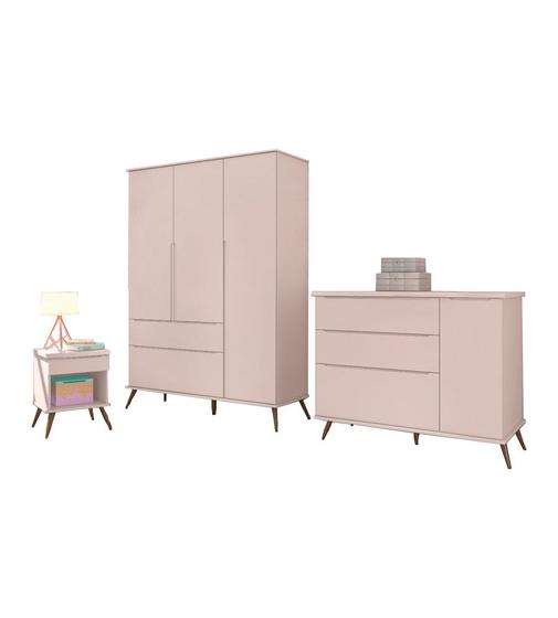 Kit Quarto Infantil Bebê Melinda Retrô Com Pés Cômoda Guarda Roupa 3 Portas e Mesa de Apoio Rosê - Phoenix Baby Menor preço em Kit Quarto Infantil Bebê Melinda Retrô Com Pés Cômoda Guarda Roupa 3 Portas e Mesa de Apoio Rosê - Phoenix Baby