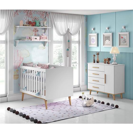 Imagem de Kit Quarto Infantil Ludmila Branco Fosco - Berço + Cômoda com Porta