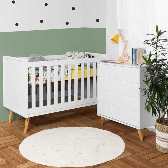 Imagem de Kit Quarto Infantil Retrô Branco Fosco - Berço + Cômoda