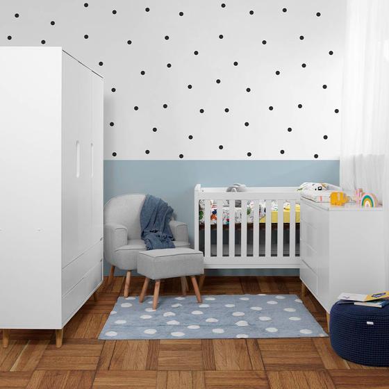 Imagem de Kit Quarto Infantil Retrô Branco Fosco - Berço + Cômoda + Guarda-Roupa + Poltrona