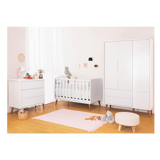 Kit Quarto Infantil Retrô Theo Branco Fosco - Berço + Cômoda + Guarda-Roupa Menor preço em Kit Quarto Infantil Retrô Theo Branco Fosco - Berço + Cômoda + Guarda-Roupa