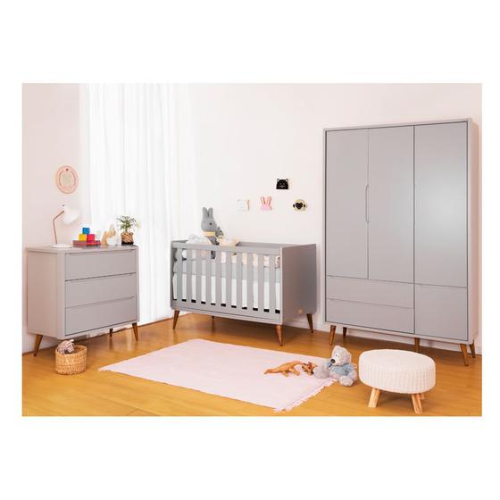 Kit Quarto Infantil Theo Cinza Fosco - Berço + Cômoda + Guarda-Roupa 3 Portas Menor preço em Kit Quarto Infantil Theo Cinza Fosco - Berço + Cômoda + Guarda-Roupa 3 Portas