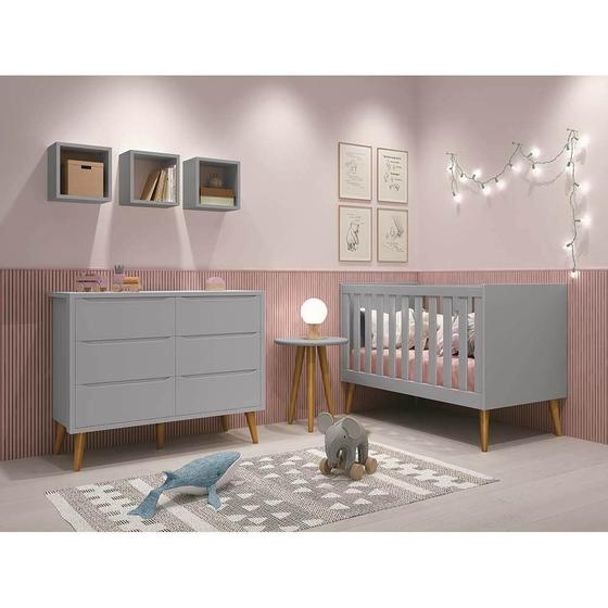 Imagem de Kit Quarto Infantil Theo Madeira Cinza Fosco - Berço + Cômoda