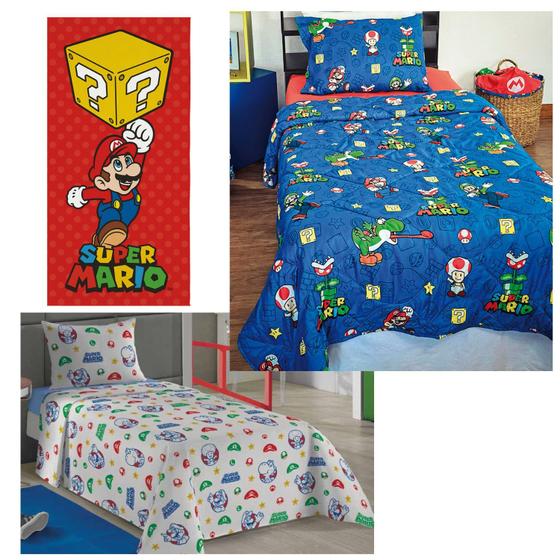Imagem de Kit Quarto Mario Bros Edredom, Jogo de Cama Algodão e Toalha Aveludada