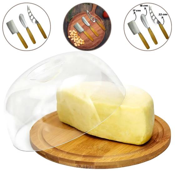 Imagem de Kit Queijeira Cristal Bandeja para Queijos com Tampa + Jogo de Facas para Servir com Cabo de Madeira
