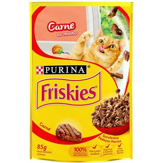 Imagem de Kit Ração úmida Friskies adultos carne ao molho sachê 85g - Caixa com 15 unidades