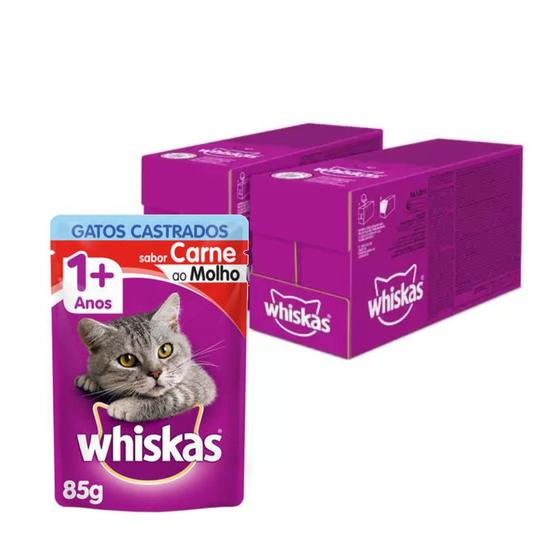 Imagem de Kit Ração Úmida Whiskas Sachê Carne ao Molho para Gatos Adultos Castrados - 40 Unidades