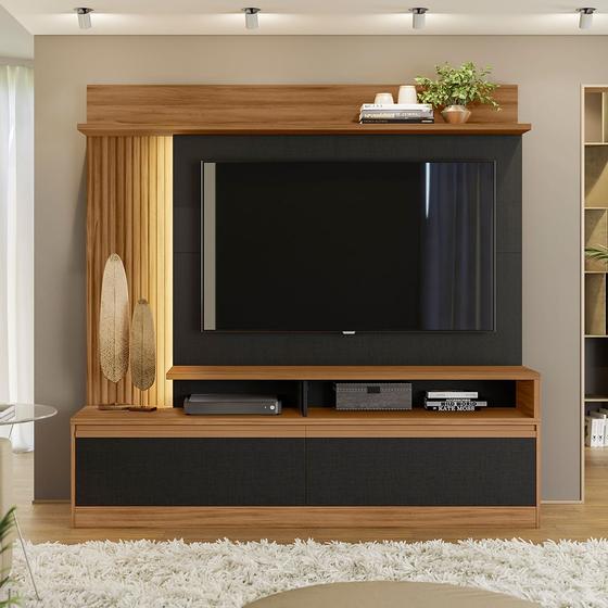 Imagem de Kit Rack Com Painel Home TV até 60 polegadas 2 Portas 1 Prateleira Sala Marrom Madeira Preto