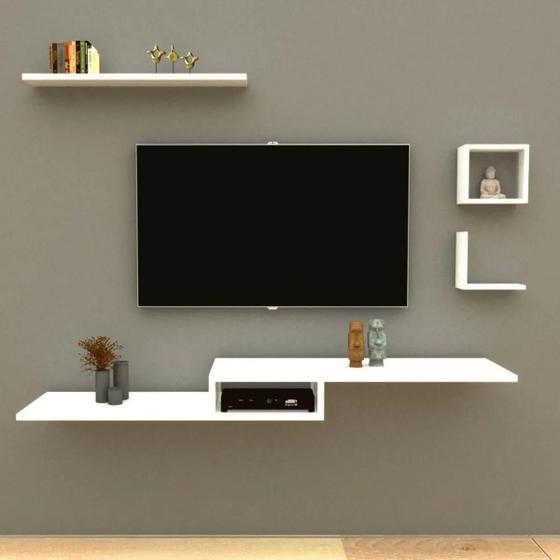 Kit Rack Suspenso Tv Quarto Sala 4 Prateleiras Mdf Branco Menor preço em Kit Rack Suspenso Tv Quarto Sala 4 Prateleiras Mdf Branco
