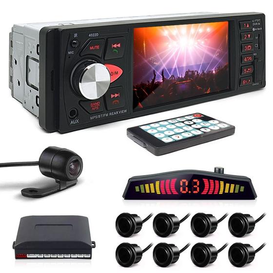 Imagem de Kit Rádio C/ Tela 1 Din + Câmera Ré + Sensor 8 Pontos Preto Fiat Stilo 2002 2003 2004 2005 2006 Estacionamento
