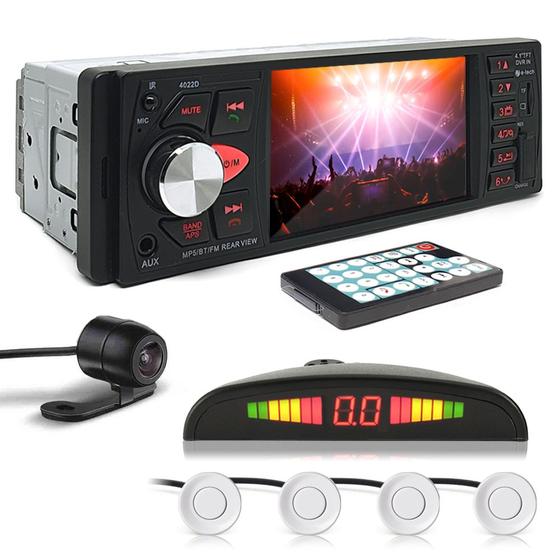 Imagem de Kit Rádio C/ Tela + Câmera Ré + Sensor Ré Branco Fiat Strada 2004 2005 2006 2007 USB Bluetooth