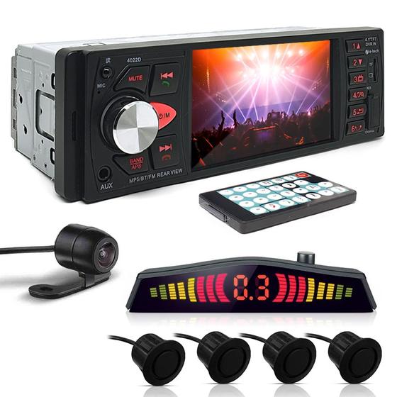 Imagem de Kit Rádio C/ Tela + Câmera Ré + Sensor Ré Preto Fosco Emborrachado Fiat Grand Siena USB Bluetooth
