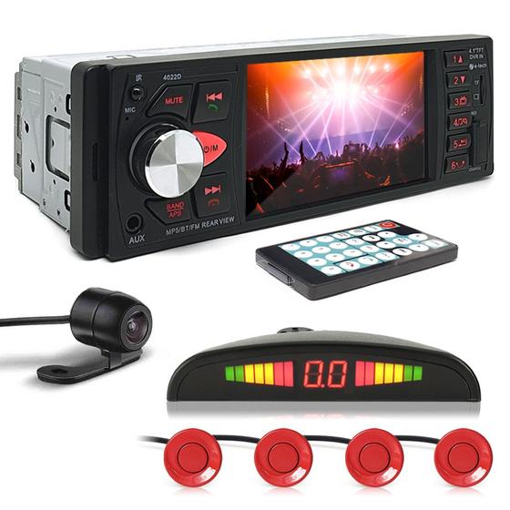 Imagem de Kit Rádio C/ Tela + Câmera Ré + Sensor Ré Vermelho Fiat 500 2009 2010 2011 2012 USB Bluetooth