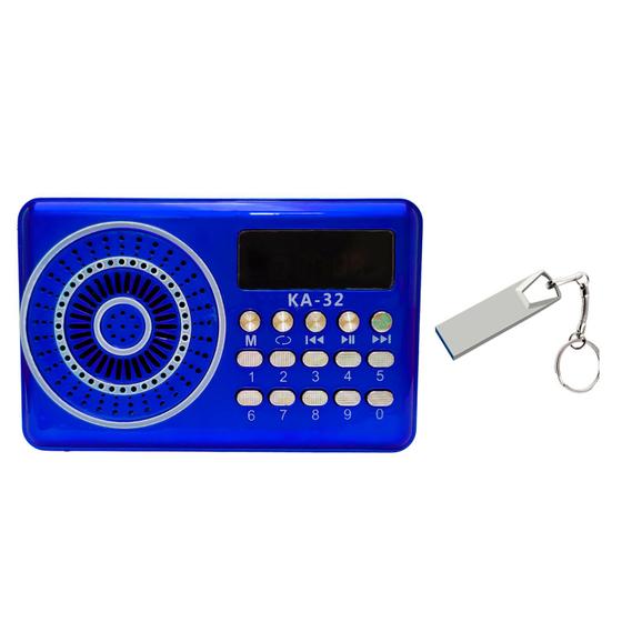Imagem de Kit Rádio Portátil De Bolso FM Usb Mp3 Sd Bluetooth Recarregável Azul Com Pen Drive 16GB Metalico Chaveiro P/ Musicas