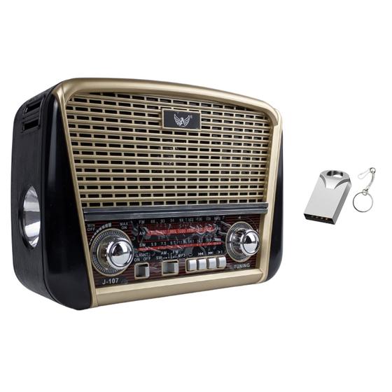 Imagem de Kit Radio Vintage Portatil Bluetooth Am Fm Recarregável Mp3 Usb Sd Aux Com Mini Pendrive 16Gb Metal E Chaveiro