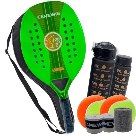 Imagem de Kit Raquete Beach Tennis Fibra De Carbono + Garrafa + Acessorios