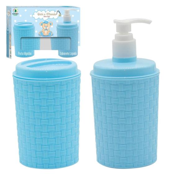 Imagem de Kit Rattan Porta Algodão e Sabonete Líquido Azul Bebê