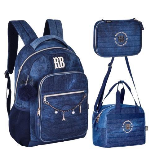 Imagem de Kit Rebecca Bonbon Jeans Mochila Costas Com Estojo Box Grande E Lancheira Termica