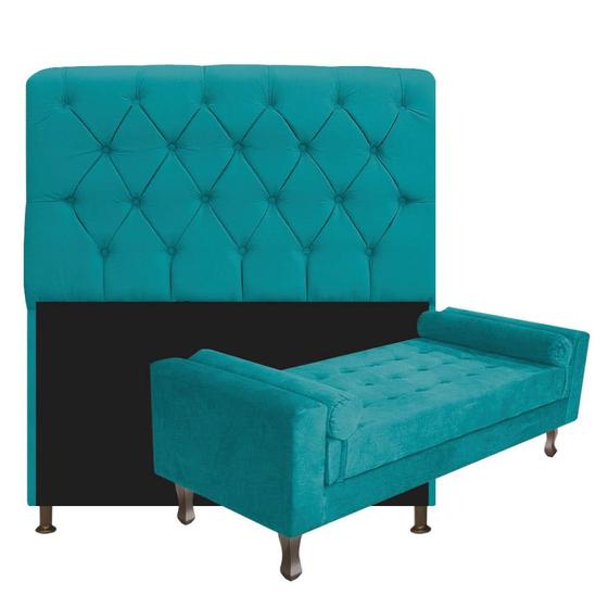 Imagem de Kit Recamier Sofá Calçadeira Divã Félix 195 cm e Cabeceira Estofada Lady 195 cm Para Cama Box King Size Suede Azul Turquesa - AM Decor
