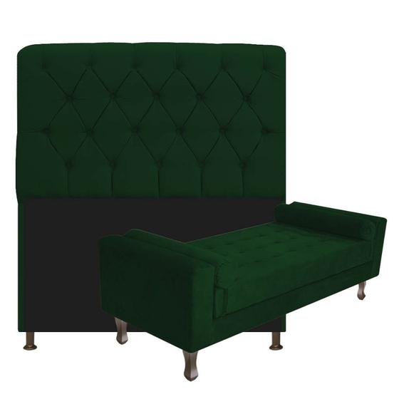 Imagem de Kit Recamier Sofá Calçadeira Divã Félix 195 cm e Cabeceira Estofada Lady 195 cm Para Cama Box King Size Suede Verde - AM Decor