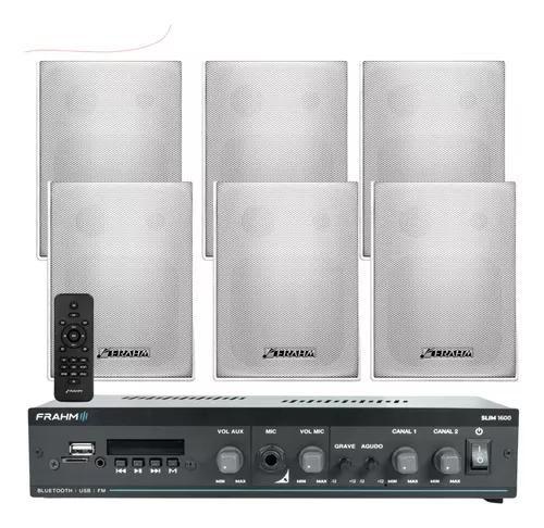 Kit Receiver de Som Ambiente Bluetooth Frahm Slim 1600 app usb Sd + 06 Caixas Ps200 Plus 30w Menor preço em Kit Receiver de Som Ambiente Bluetooth Frahm Slim 1600 app usb Sd + 06 Caixas Ps200 Plus 30w