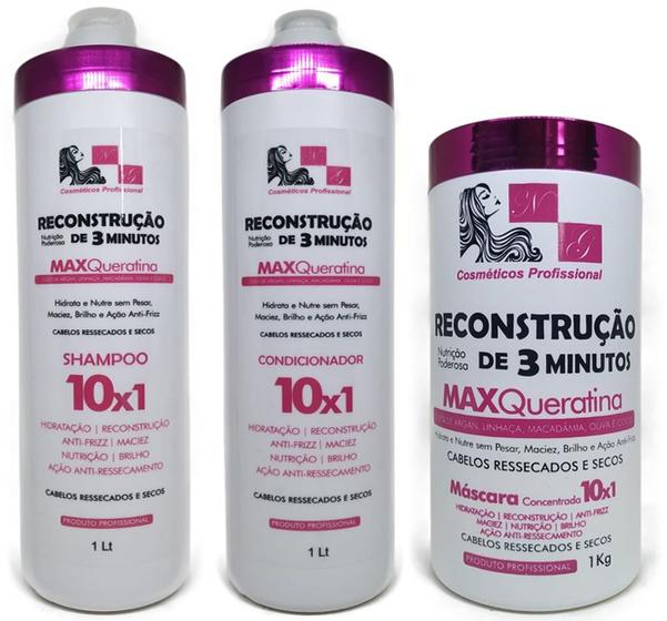 Imagem de Kit Reconstrução Capilar Profissional 10 Em 1 Com Máscara Reconstrutora 3 Minutos 3x1000 