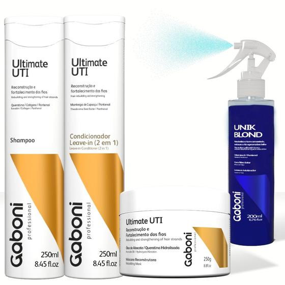 Imagem de Kit Reconstrução imediata Shampoo + Máscara + Condicionador Leave-in 2 em 1 + Matizador em Spray Gaboni Professional