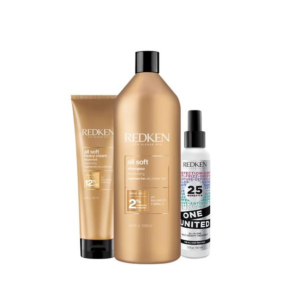 Imagem de Kit Redken All Soft One United Shampoo Máscara e Leave-in (3 produtos)