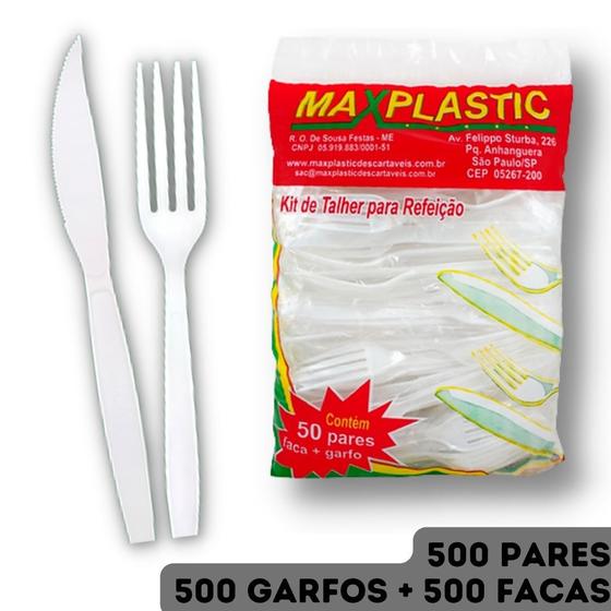 Imagem de Kit Refeição Branco Reforçado Garfo + Faca em Sachê Embalados Maxplastic - CX 500 Pares (CX10x50)