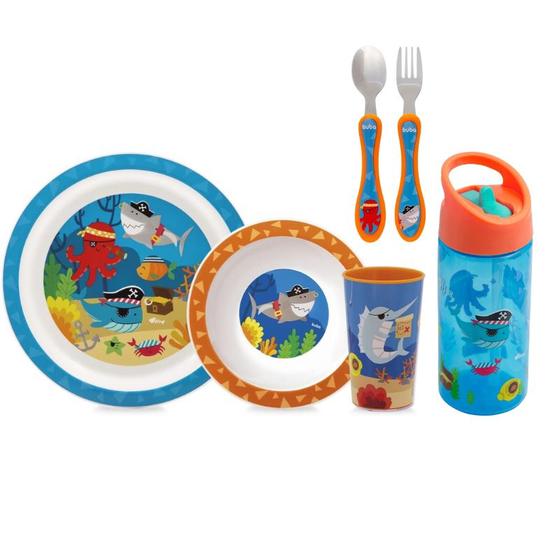 Imagem de Kit Refeição Infantil 4 Peças Prato, Bowl, Copo, Kit Talher Inox e Garrafa Canudo Silicone, Aventuras Pirata, Buba