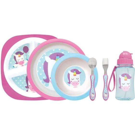 Imagem de Kit Refeição Infantil 5 Peças Prato com Divisórias Prato Raso Bowl Talher Inox e Garrafa Canudo, Unicórnio, Buba