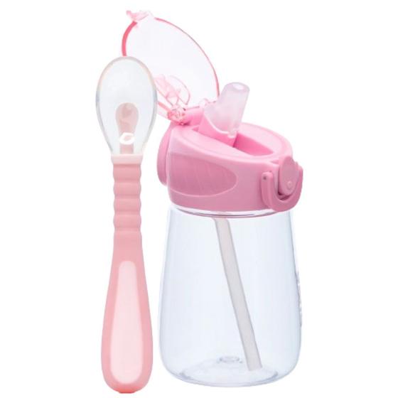 Imagem de Kit Refeição Infantil Garrafinha Tritan E Colher De Silicone Rosa - Buba