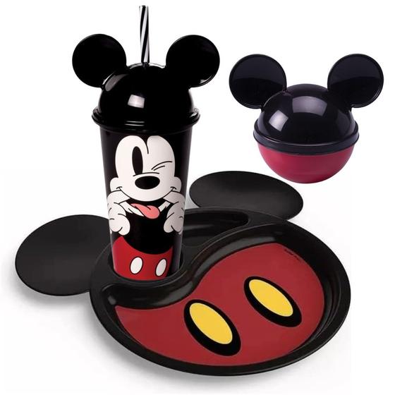 Imagem de Kit Refeição Infantil Mickey Mouse Prato Divisória, Copo Canudo e Pote Mix - Potte