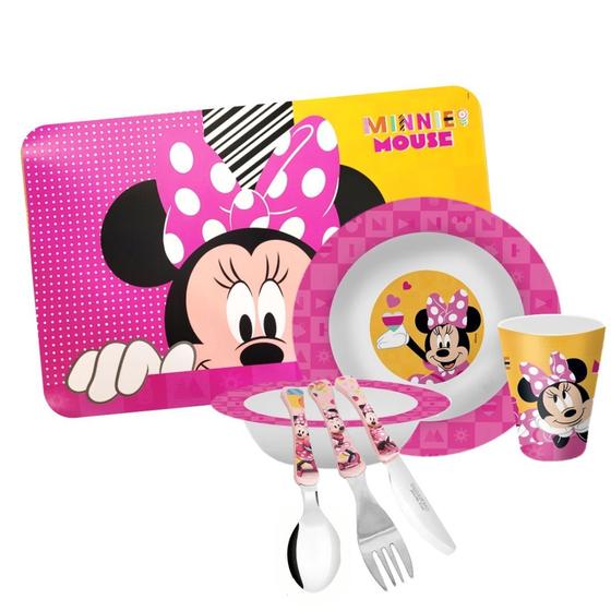 Imagem de Kit Refeição Infantil Minnie 7 Peças Melamina Prato, Tigela, Copo, Lugar Americano e Talheres - Tuut