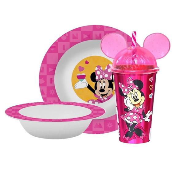 Imagem de Kit Refeição Infantil Minnie Disney 3 Peças Prato, Tigela e Copo com Canudo - Tuut