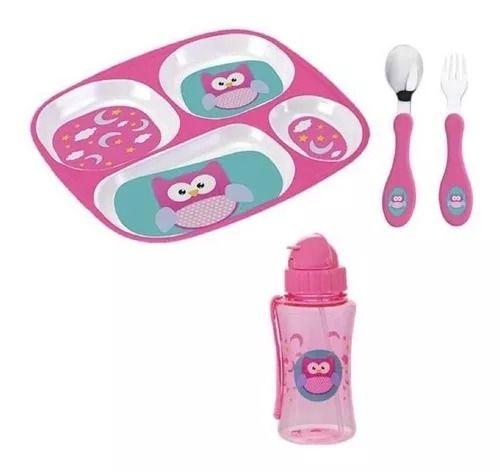 Imagem de Kit Refeição Infantil Prato 4 Divisórias Melamina + Talheres + Squeeze Plástico 400ml