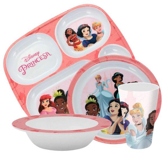 Imagem de Kit Refeição Infantil Princesas Disney 4 Peças Bandeja Divisória, Prato Fundo, Tigela e Copo Melamina - Tuut