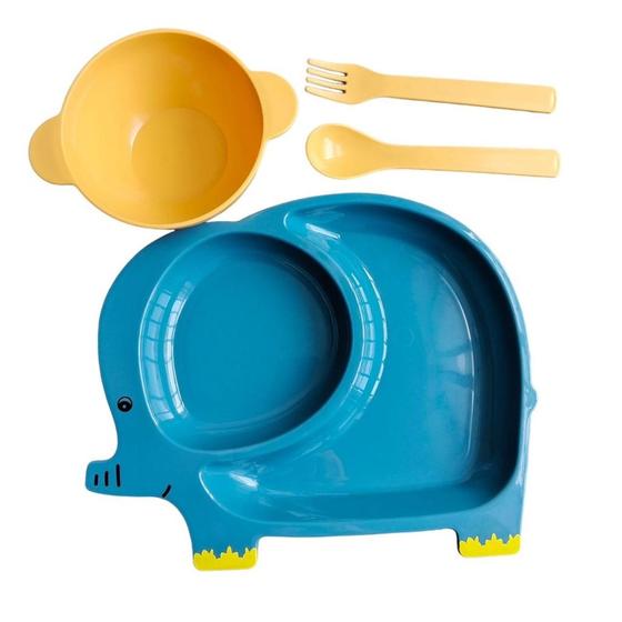 Imagem de Kit Refeição Introdução Alimentar Infantil Completo Prato Tigela Talheres Animais 4pcs (Elefante)