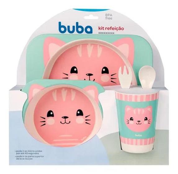 Imagem de Kit Refeição para Bebê em bambu de Gato Prato Bowl Copo e Talher - Buba