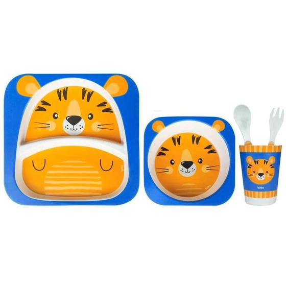 Imagem de Kit Refeição para Bebê em bambu de Tigre Prato Bowl Copo e Talher