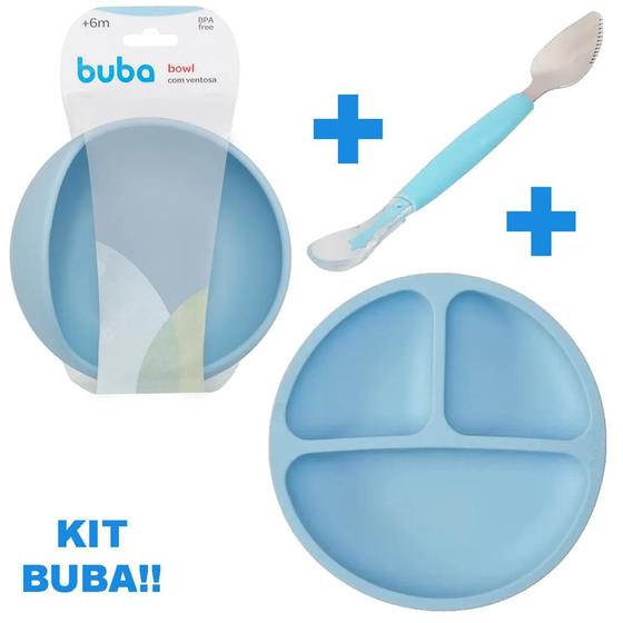 Imagem de Kit Refeição Pratinho Bowl e Colher 2 em 1 Azul em Silicone