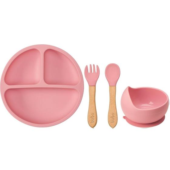 Imagem de Kit refeicao prato + bowl + talheres em silicone rosa - buba