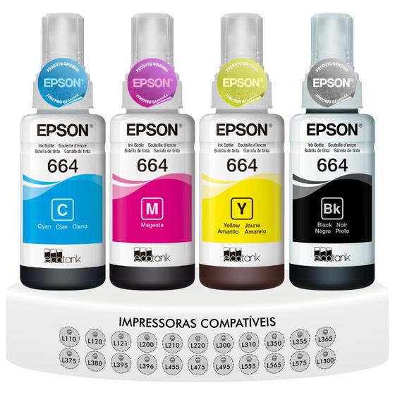 Imagem de Kit Refil de Tinta 4 Cores Original Epson T664 P/ L121 L200 L220 L300 L310 L355 L365 L375 L395 L396 L455 L475 L555 L1300