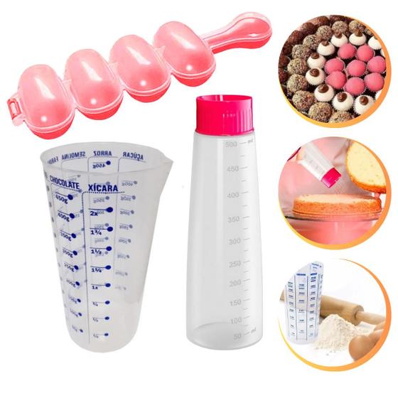 Imagem de Kit Regador Bisnaga Bolo + Forma Boleador Para Enrolar Brigadeiros + Copo Medidor 500ml