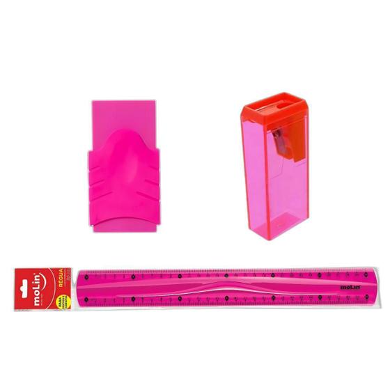 Imagem de Kit Régua + Apontador + Borracha Rosa Molin Neon Escolar